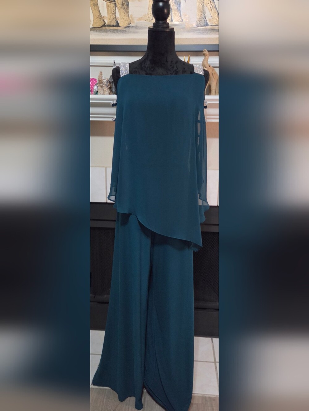 MSK Teal Chiffon Overlay Jumpsuit – Rhinestone Details
